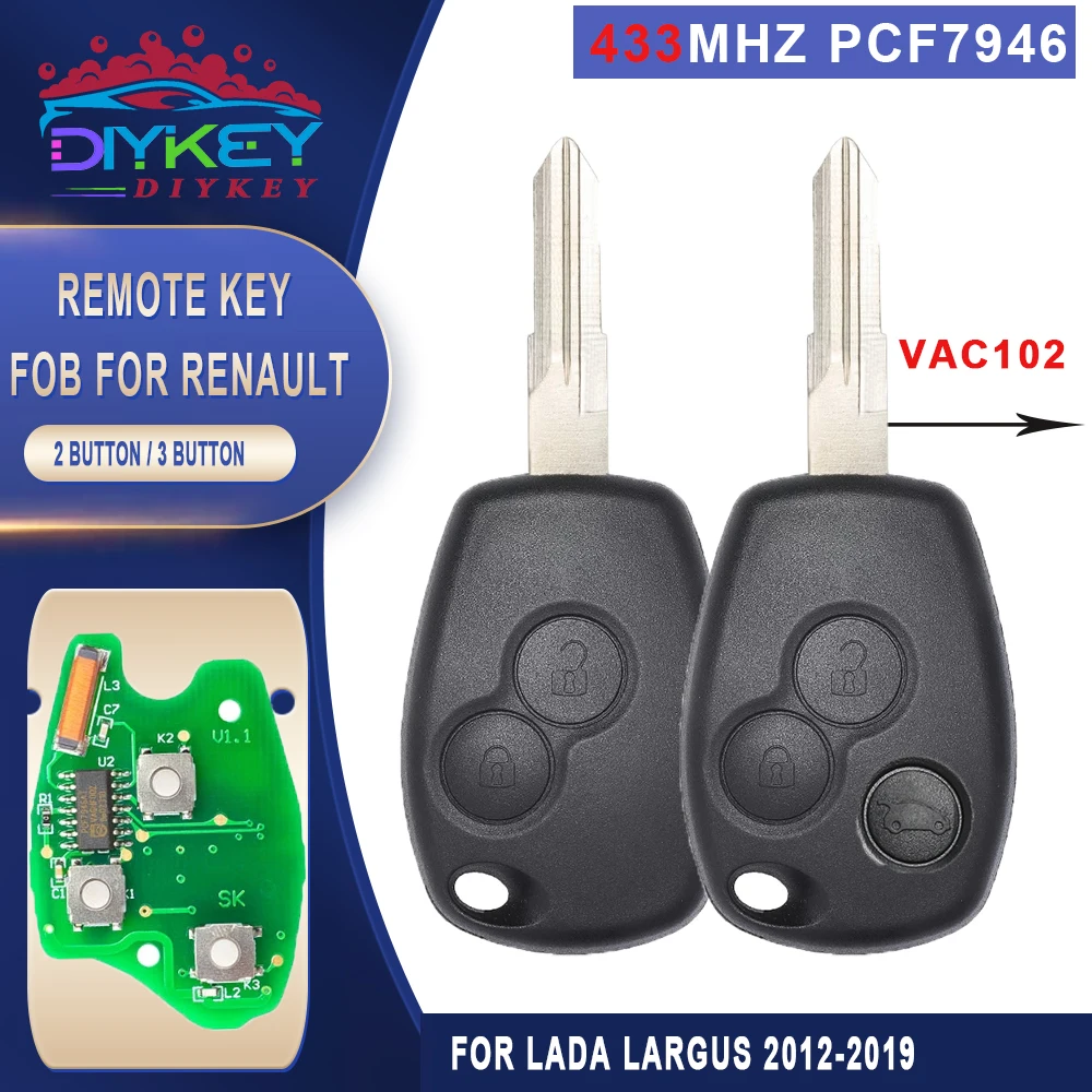 DIYKEY-mando a distancia PCF7946A de 433MHz, 2/3 botones, sin cortar, VAC102 para 2012, 2013, 2014, 2015, 2016, 2017, 2018, LADA Largus