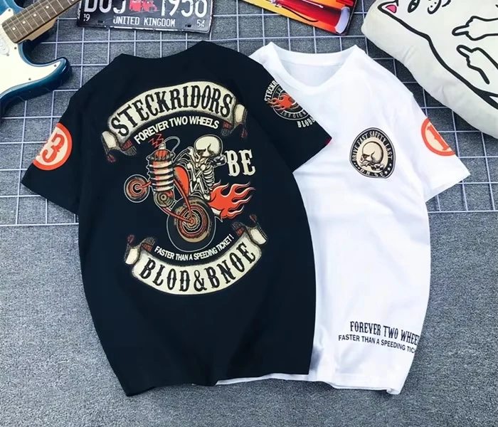

2025-26 Japanese Trendy Brand Skull Locomotive Devil Print American Retro Cartoon Pure Cotton Large Size Short-sleeved T-shirt