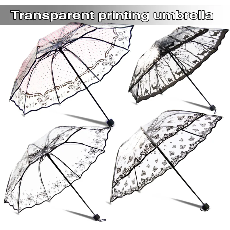 Creative Transparent Long-handle Rain Umbrella Ultra Light Women Kids Parasol Sunny Umbrella Semi-automatic Princess Umbrellas