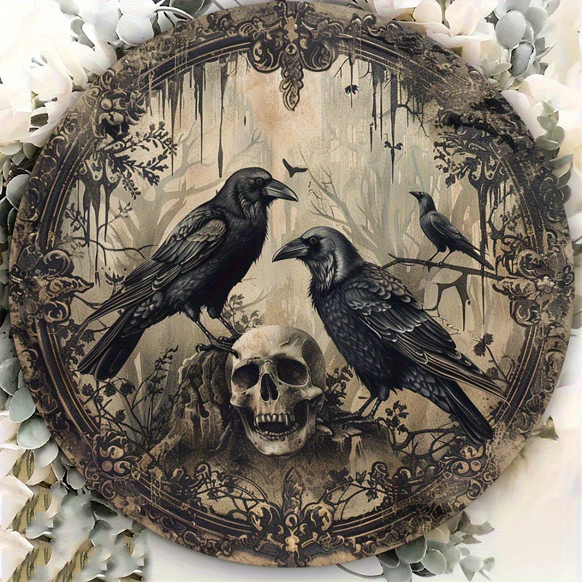 Gothic Crow And Skull Metal Wall Art 7.87 Inch Round Durable Iron Art Mysterious Forest Pattern Easy Hanging Indoor Outdoor Home