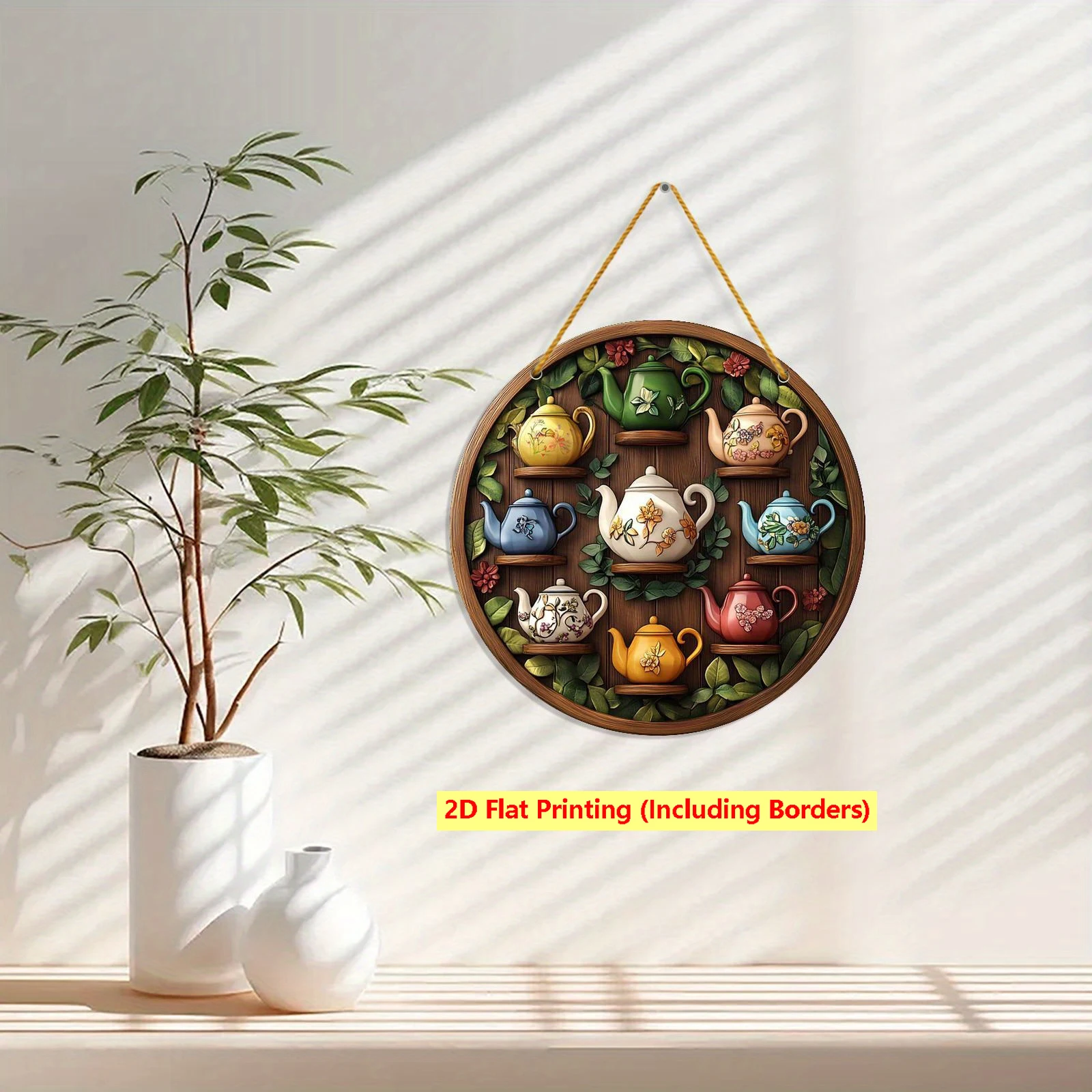 2D flach, 1 Stück Teekanne-Holzschild im Boho-Stil – 20,3 x 20,3 cm großes Wandschild zum Aufhängen zu Hause, perfekt für Zuhause, Büro, Dekoration, Weihnachtsgeschenke