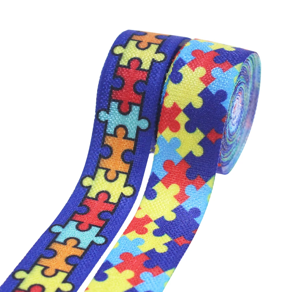 

15mm 5/8" Heat Transfer Colorful Puzzle Printing FOE Fold Over Elastic Ribbon For Hair Tie Headband Dress Sewing Trim