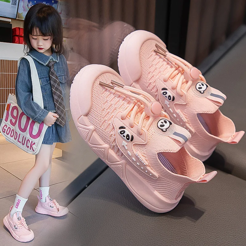 

Cute Cartoon Panda Pattern Children's Sports Shoes Boys Girls Mesh Breathable Sneakers Unisex Soft Thick Flat Bottom Lace Up