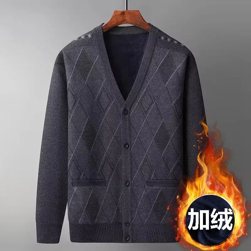 Winter Plush and Thickened Middle-aged and Elderly Men's Knitted Cardigan Sweater Jacket V-neck Dad Loose Knit Sweater