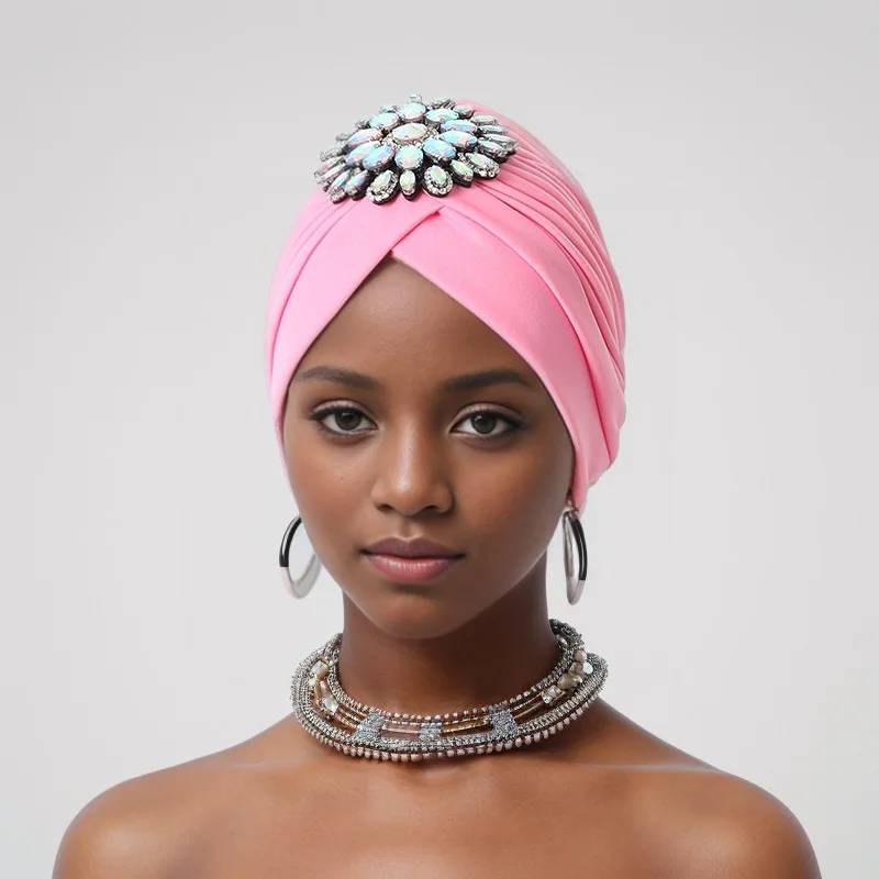 2024 New Women Diamonds Turban Muslim Hijab Caps Head Wrap Ladies Bandana Chemo Cap African Hat Arab Islamic Bonnet Cancer Hat