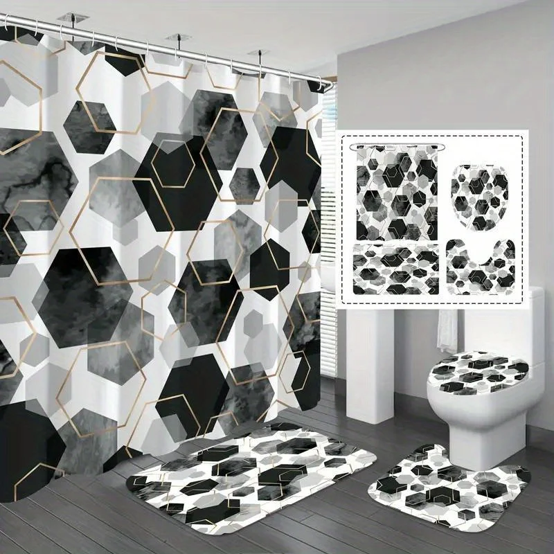 

4pcs Black White Gray Marble Anti-Slip Rug Set, Bathroom Decor with Bath Mat and Toilet Lid Cover