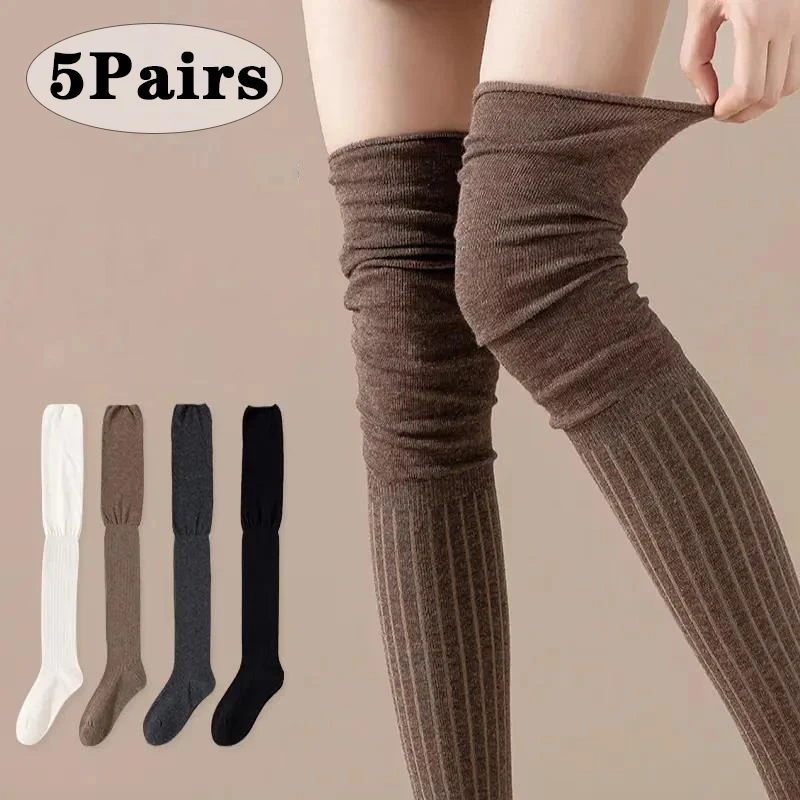 

1/3/5Pairs Knee High Socks Thin Long Stacked Socks Women's High Solid Colour Patchwork Socks High Elasticity Stockings