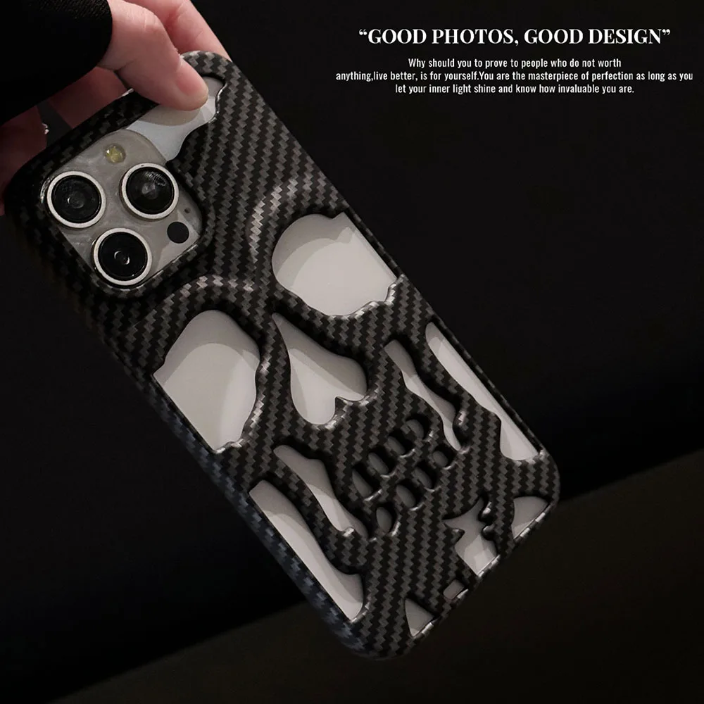 3D Skeleton Skull Ghostface Hollow Phone Case for iPhone 11 12 13 14 15 Plus 16 Pro Max Carbon Fibre Heat Dissipation Slim Cover