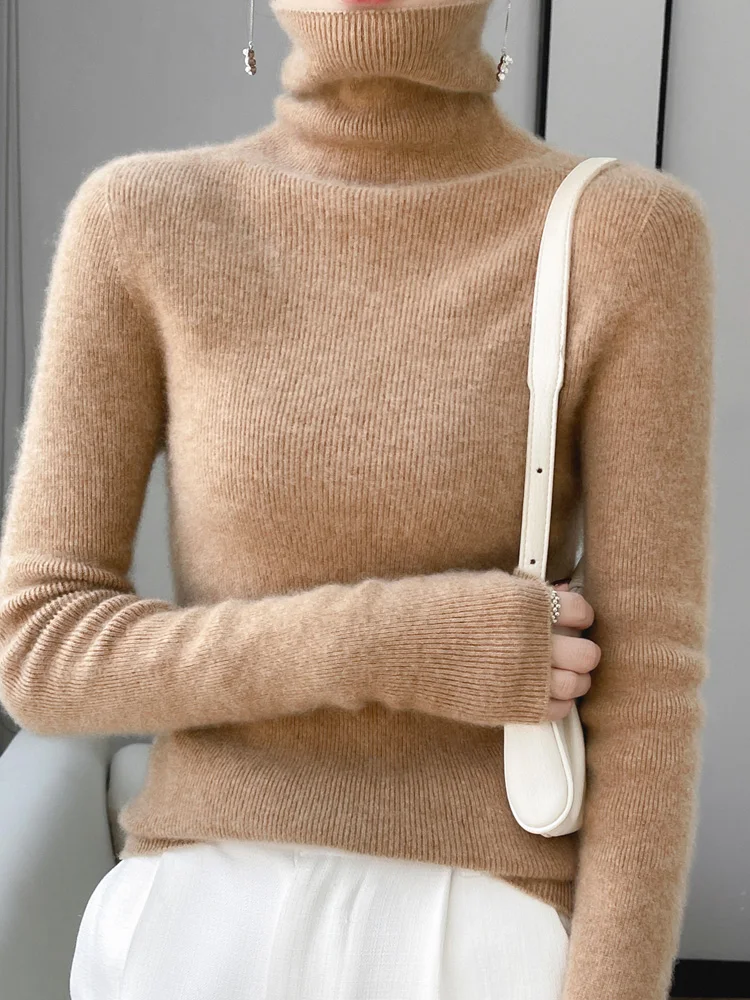 

Women Turtleneck Sweater Autumn Winter Slim Basic Bottoming Pullover 100% Merino Wool Soft Kniwear Korean Popular Clothes Tops