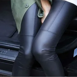 Women Leggings Imitation Leather Spliced Leggings Slim Pants Nine Leather Pants Thin Black Fitness Leggings 2023