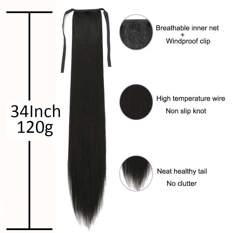Extensión de Cola de Caballo Sintética de 34 Pulgadas con Cordón y Clips, Negra o Marrón para Mujer 2