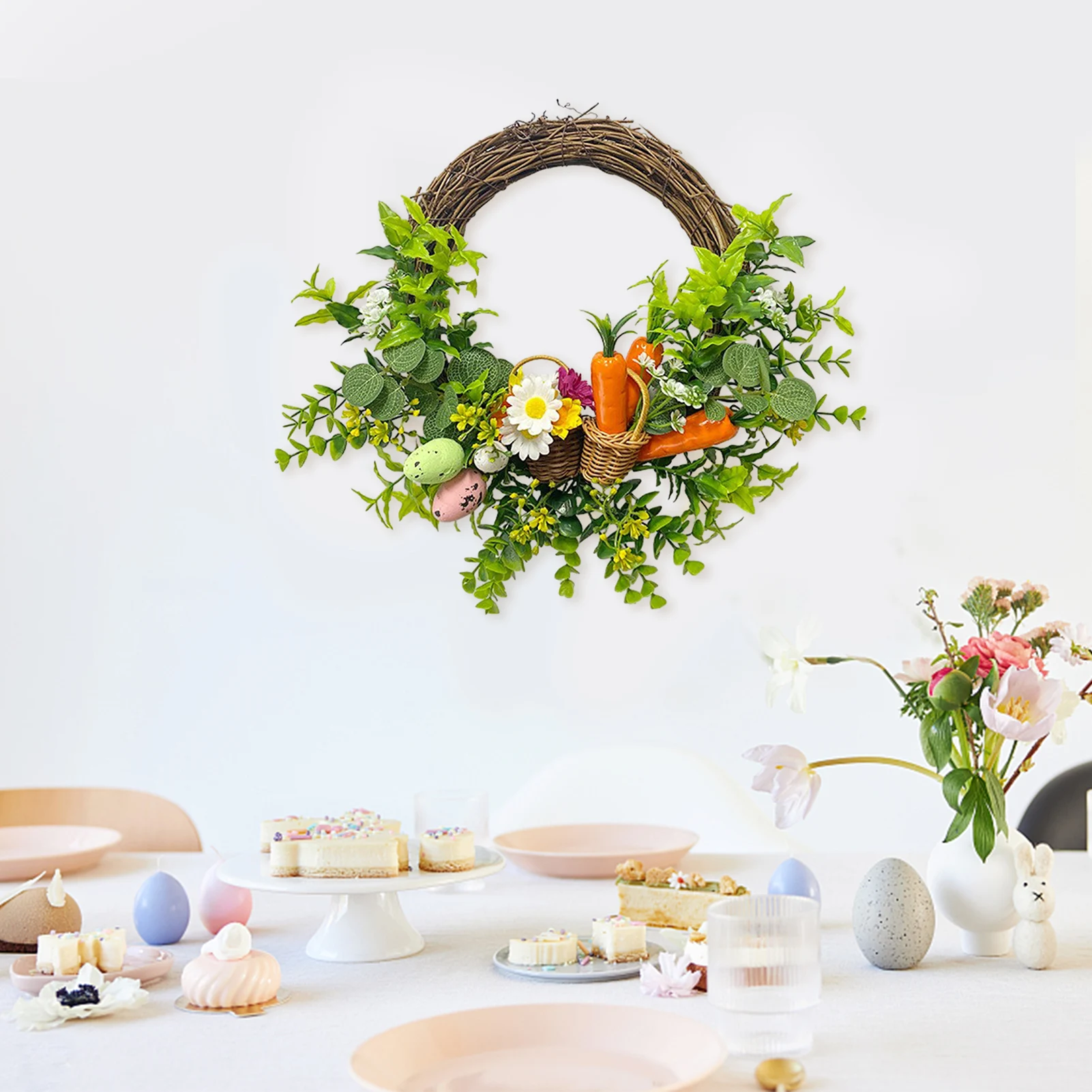 Easter Eggs Carrot Wreath Artificial Daisy Door Hanging Spring Party Decor Rattan Ring Pendant DIY Home Decoration