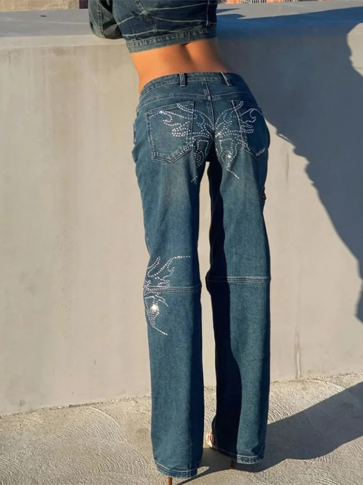 

Y2k Butterfly Wing Iron Rhinestone Women Denim Trousers Low Rise Straight Jeans Dark Blue Distressed Dragging Pants High Street