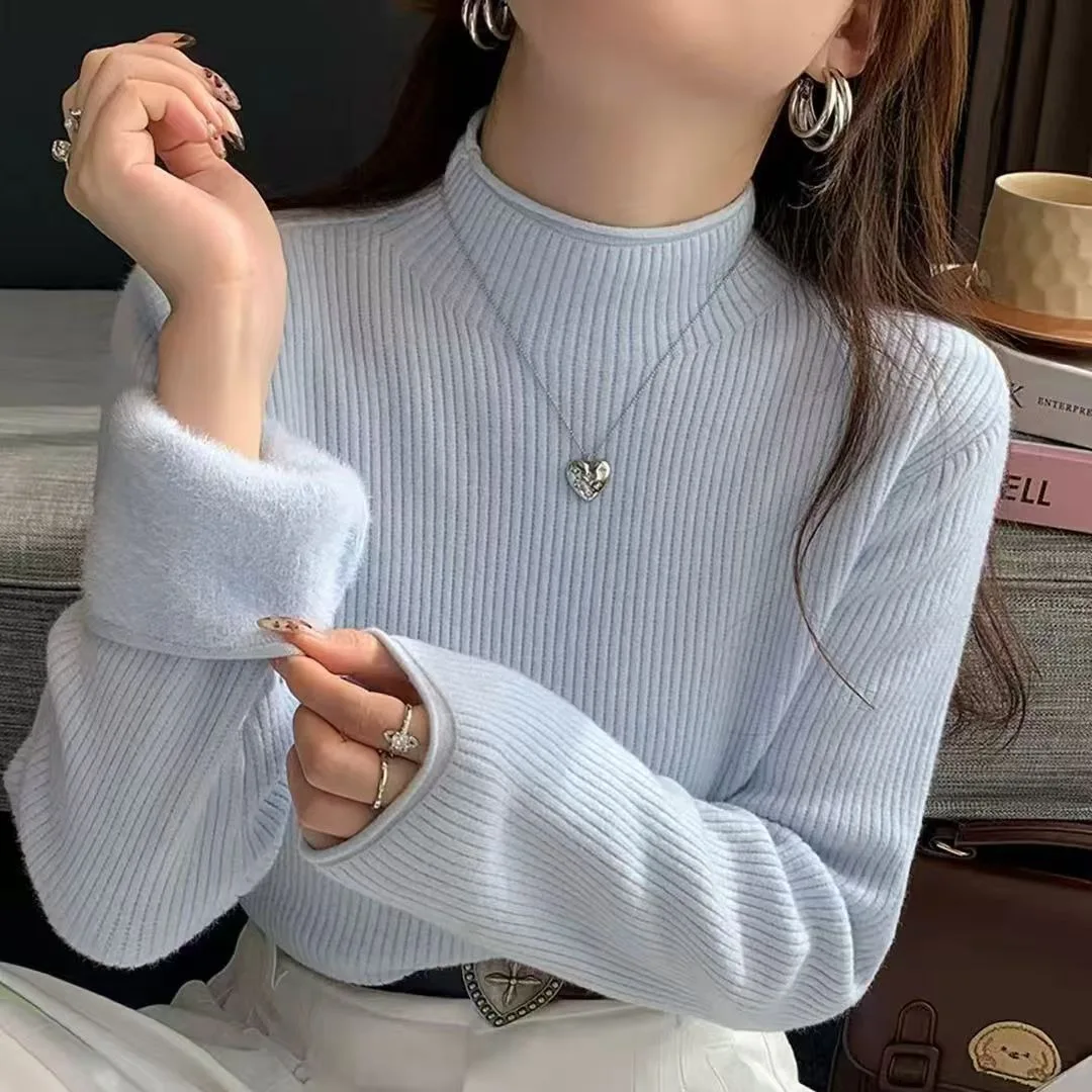 

Thiened Fce Lined Inteated Velvet Women's Long Sve High Collar Knitted Base irt Warm Inner Wear for Autumn Winter