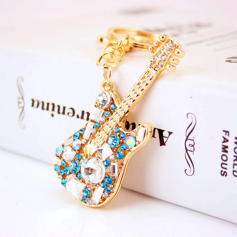 Exquisite Chic Guitar Crystal Rhinestone Keychains Purse Bag Buckle HandBag Pendant For Car Keyrings Women Key Chains K255