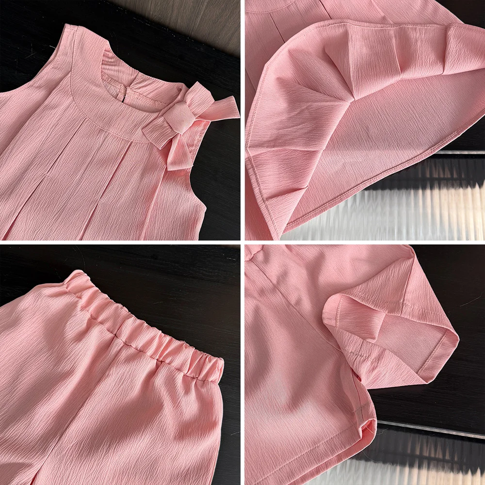 Bear Leader Sweet Pink Girls Clothes Summer Sleeveless Bow Decoration Pleated Vest+Shorts 2Pcst Olid Color Casual Children\'s Set