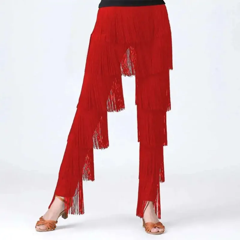 Womens Dancewear Elastic Waistband Tassel Latin Dance Pants Tango Cha-Cha Performance Costume Tiered Fringed Trousers
