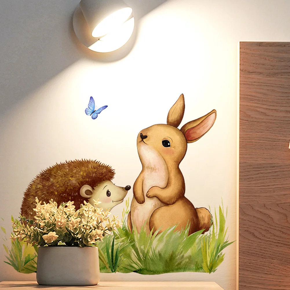 

Cartoon Rabbit Hedgehog Butterfly Wall Sticker Kids Room Decor Decals Bedroom Background Home Decoration Self Adhesive Wallpaper