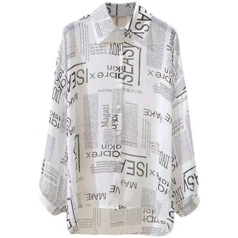 

Hong Kong style loose shirt women's 2024 new summer Chic retro long-sleeved newspaper letter sunscreen shirt cardigan women