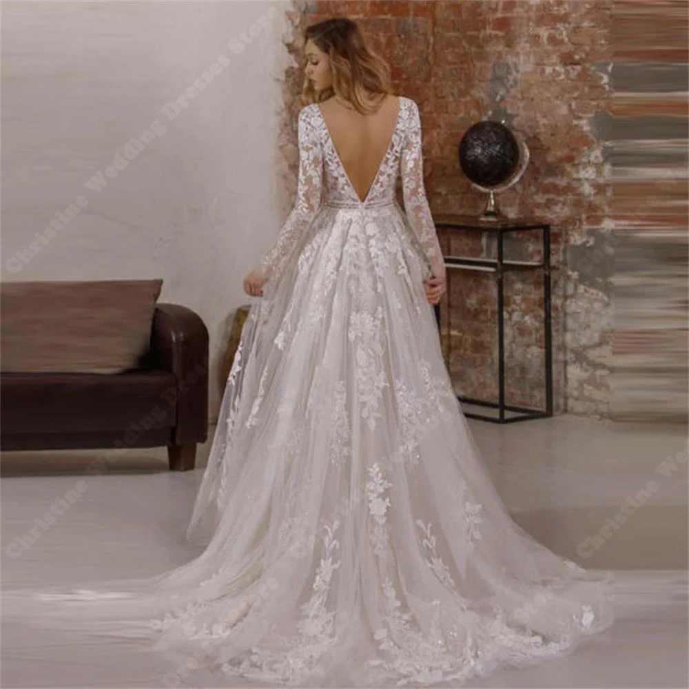 Vestidos de casamento de manga comprida para mulheres, coloridos brilhantes, vestidos de noiva pura A-Line, apliques de renda, novos