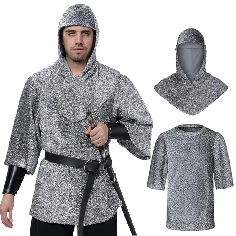 

Renaissance Faux Chain Mail Armor Tunic Shirt Coif Medieval Knight Cowl Crusader Costume outfit Bracers Waist Belt Set