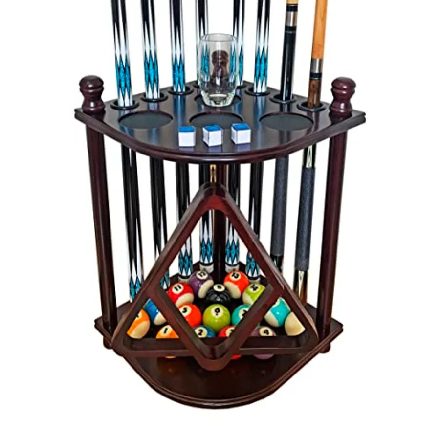 

Pool Cue Rack Hold up to 8 Sticks and Billiard Accessories. Floor Stand Pool Cue Stick Holder Made of 100% Solid Hardwood