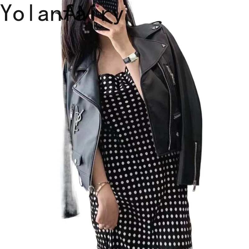 YOLANFAIRY Leather Womens Jacket Real Sheepskin Outwears Women Spring Autumn Short Lapel Coats Slim Jackets New Roupas Femininas