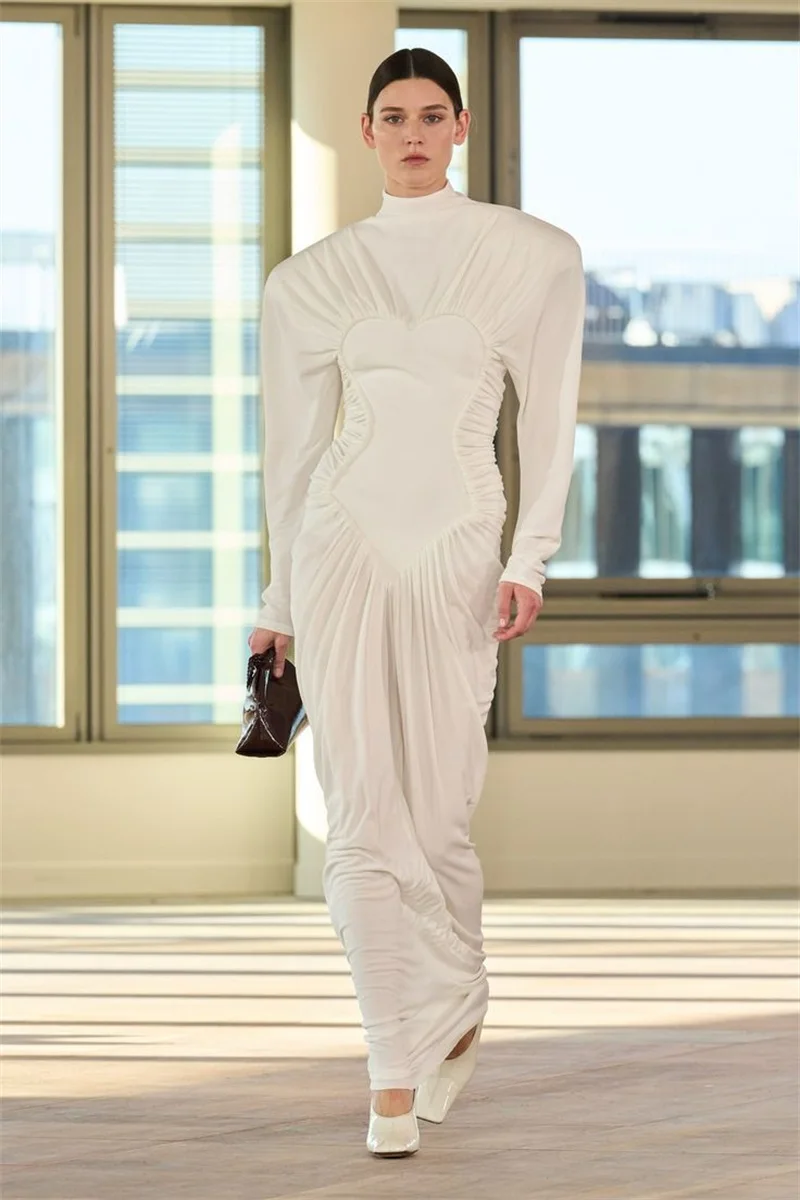 

White Heart-Shaped Prom Dress Sexy High Neck Full Sleeves Ruffles Sheath Long Party Gown Formal Wedding Guest Birthday Robe