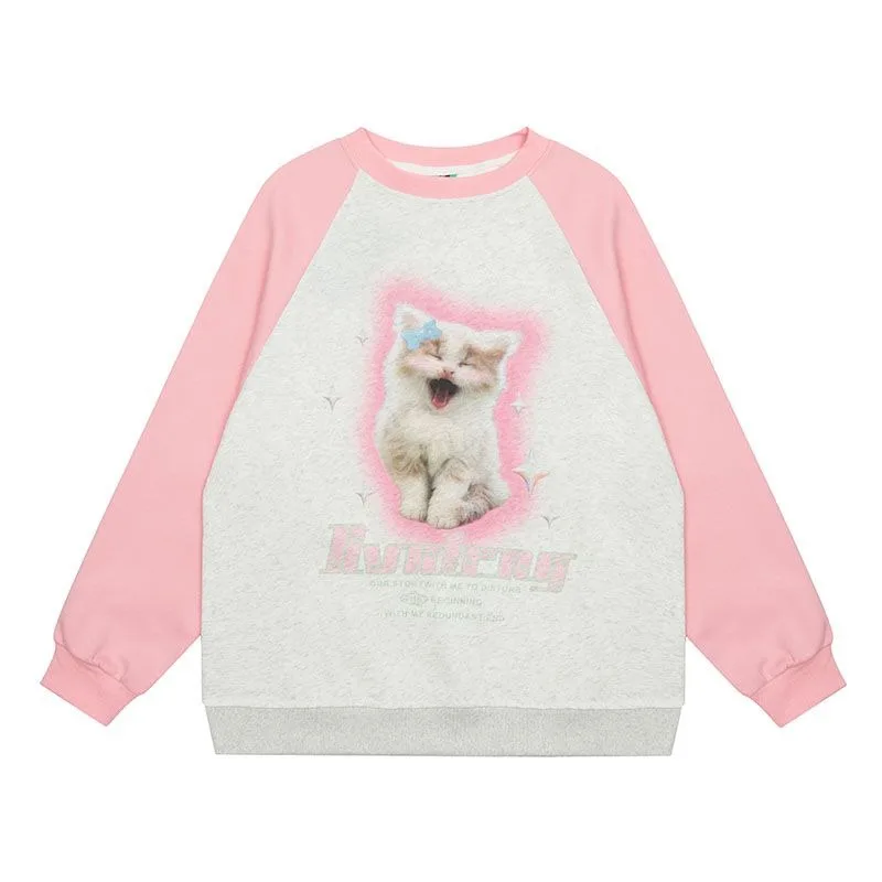 High Quality Cotton Y2K Brown Raglan Sleeve Sweatshirt for Girls Cute Cat Cartoon O-neck Hoodies Harajuku Couples Kawaii Clothes