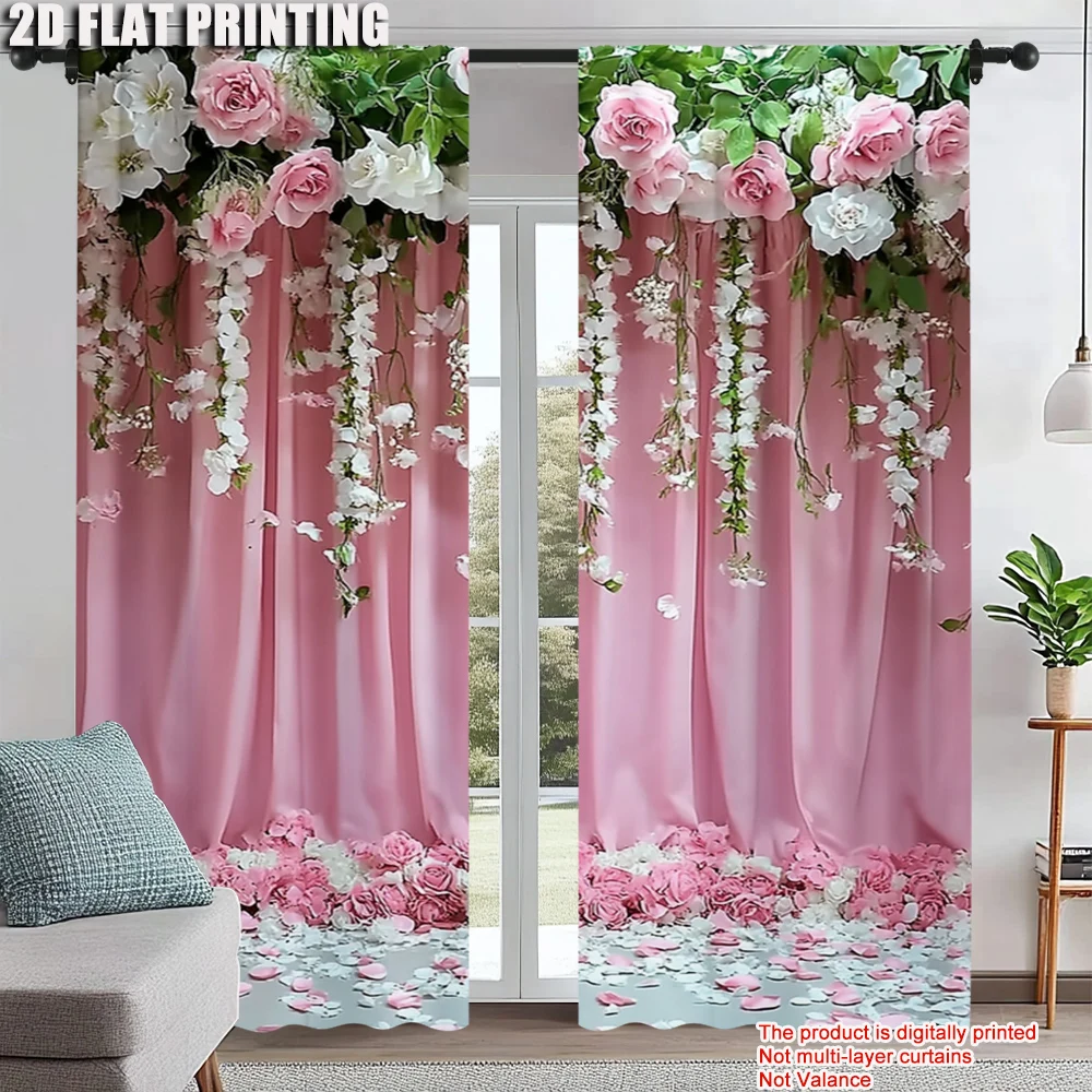 

2Pcs Pink Floral Window Curtain For Wedding Holiday Festival Birthday Party Decorations Flower Theme Window Drapes Polyester