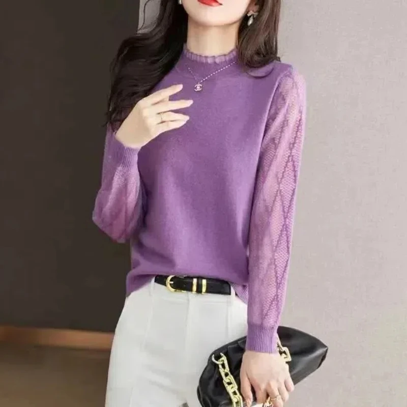 Autumn Winter Lace Patchwork Solid Color Pullover Sweater Knitted Women\'s Clothing Casual Long Sleeve Half High Collar Tops