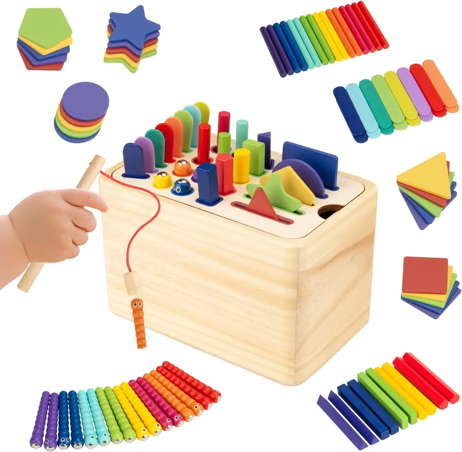 Montessori การศึกษาของเล่นเด็กวัตถุไม้ถาวรกล่องการเรียงลําดับสี Fidget Sensory ของเล่น Fine Motor Ball Drop เกมตกปลา