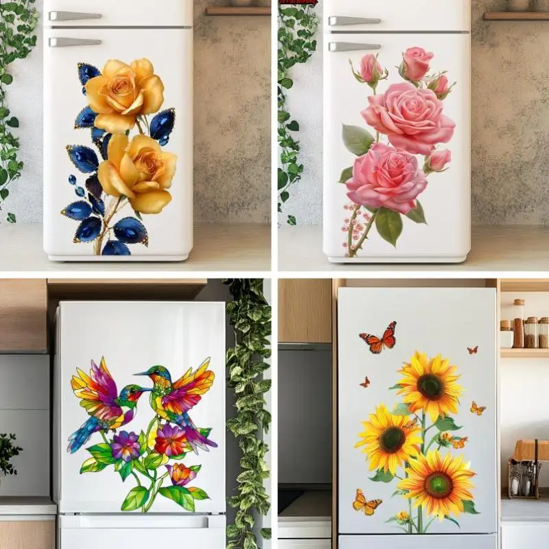 Sunflower Rose Refrigerator Sticker Self-Adhesive Removable Home Appliances Cabinet Decals Wall Sticker Home Art Decor