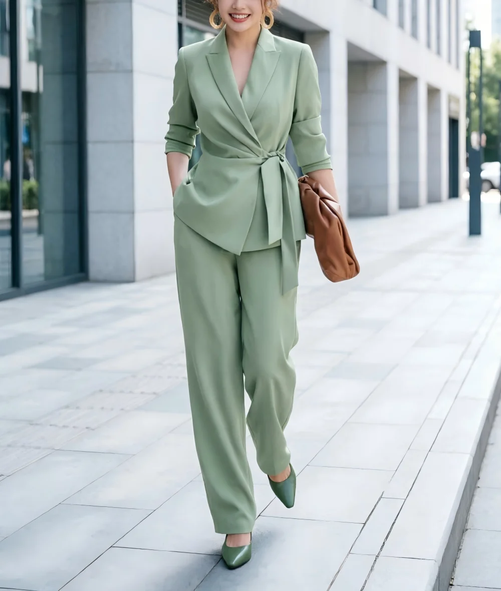Elegant Solid Tie Waist 2pcs Suit Women Autumn Winter Office Fashion Outfit