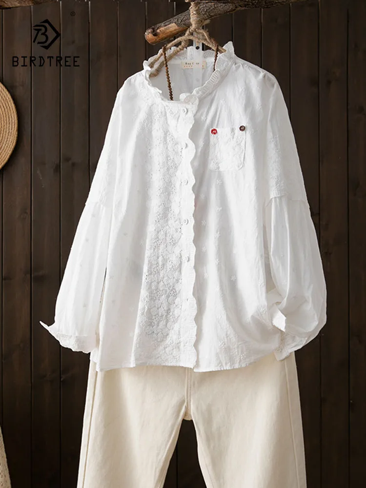 

New 2026 Spring Cotton Long Sleeve Shirt, Women Stand Ruffles Embroidery, Mori Girl French Design Sense Loose Blouse T5D553CC