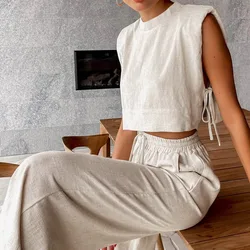 Fashion Cotton Linen Suit Women's 2024 Summer New Shoulder Pad Sleeveless Top Long Pants Two Piece Casual Woman Clothes Outfits