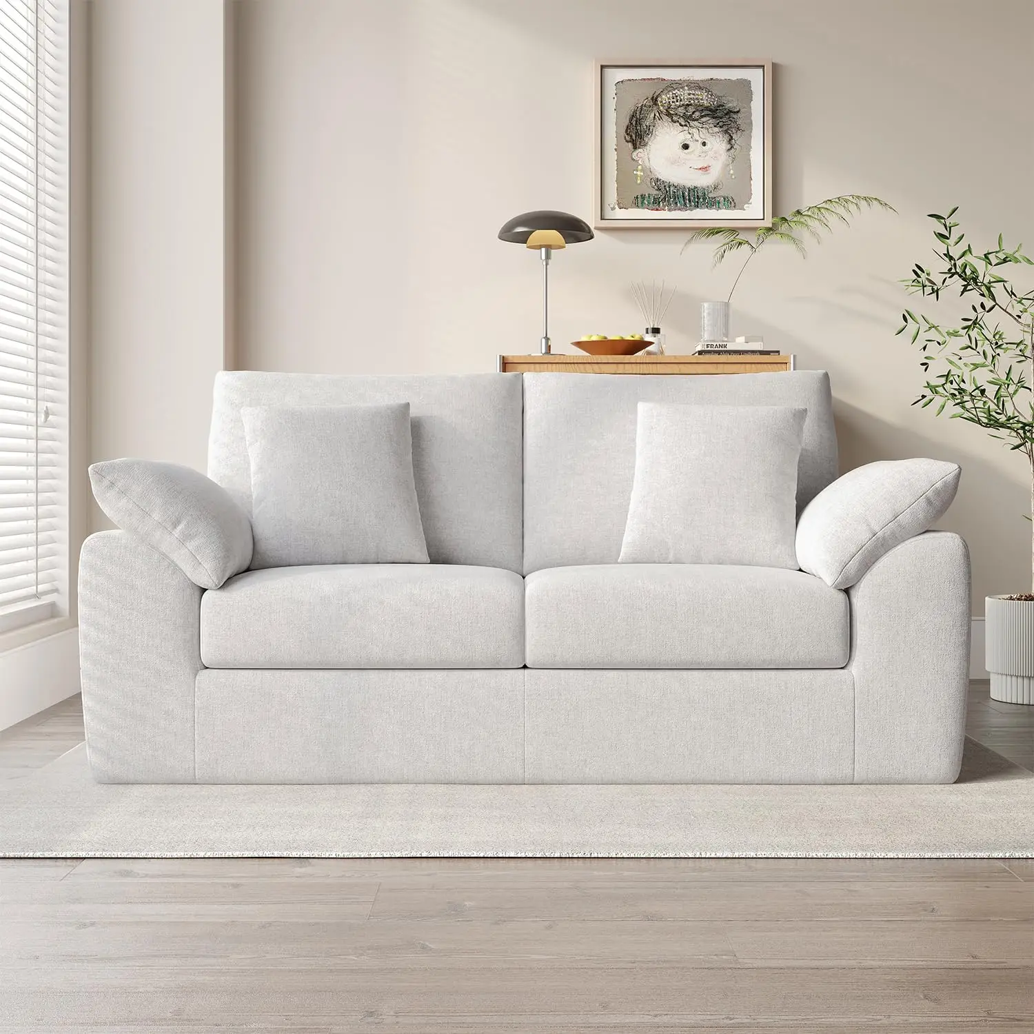 Modern Loveseat Sofa Cloud Boneless Design 4 Pillows Mid Century Small Space No Assembly Beige, Customized