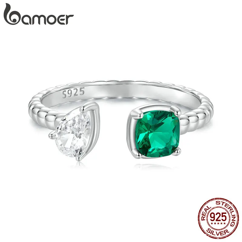 BAMOER 925 Sterling Silver Green Square CZ Open Finger Ring Water Drop Stone Adjustable Ring for Women Engagemen Jewelry Gift