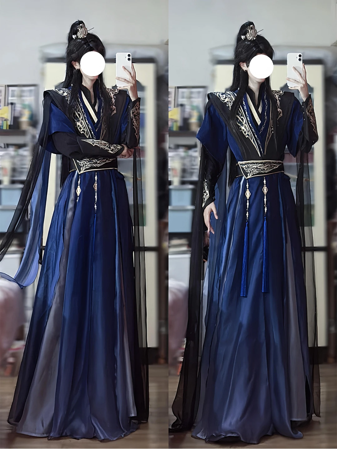 Elegant Youthful Blue Black Heavy Work Collar Hanfu Set Cosplay Costume for Men And Women Traditional Chinese Ancient Style