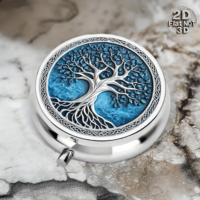 A flat, portable, round, three-compartment metal pill box, designed with exquisite embossed patterns, used for organizing and storing medication