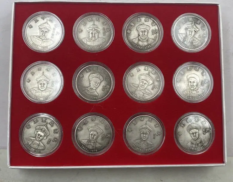 Antique Qing Dynasty Twelve Emperors Silver Dollar Set of 12 commemorative coin in a gift box Craft gifts Sold gifts