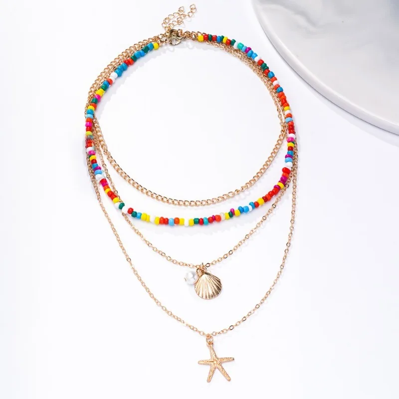 Multi-piece Set Boho Romantic Colorful Seed Bead Starfish Shell Imitation Pearl Pendants Necklace for Women Beach Jewelry Sets