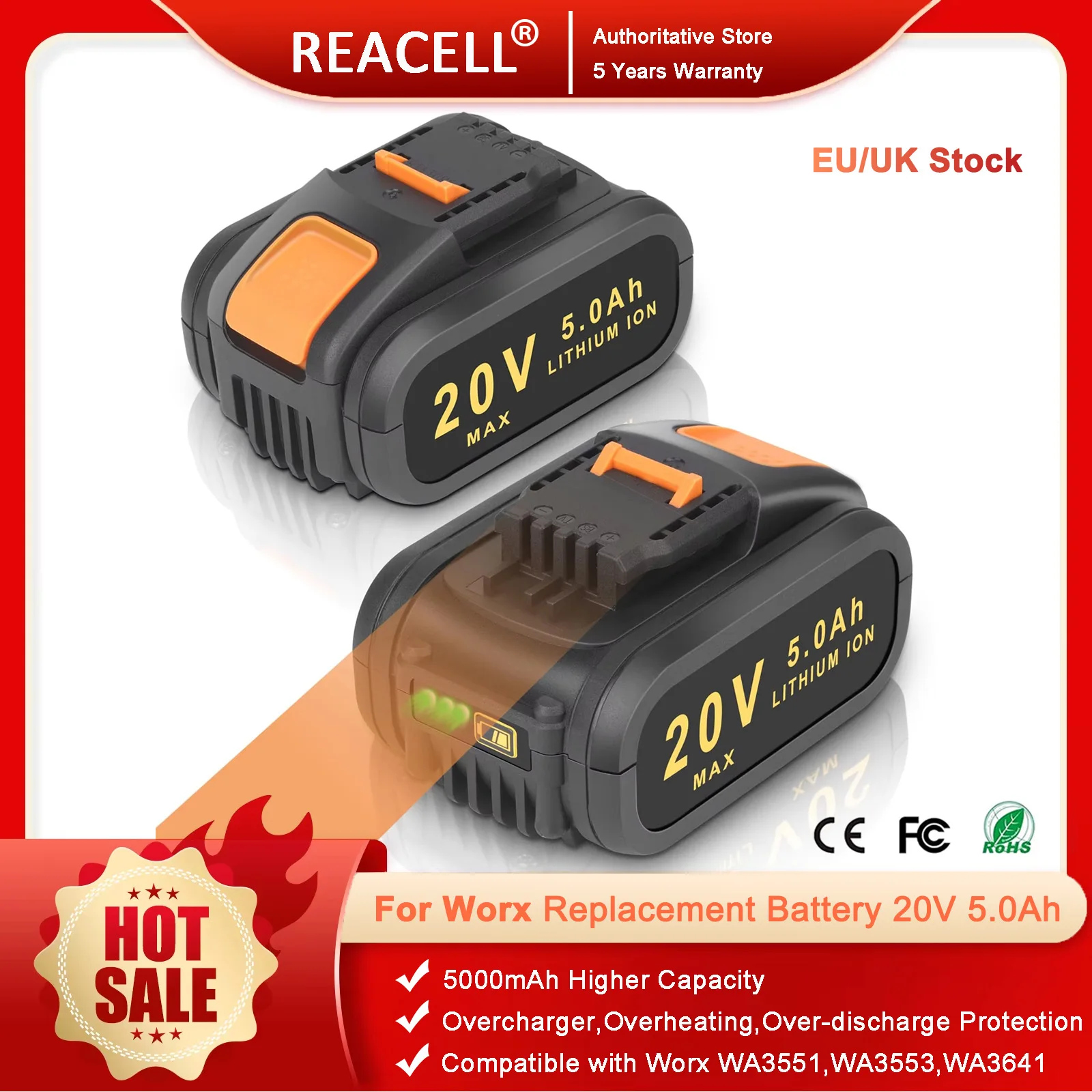 Batteria REACELL 20V 5.0Ah per serie Worx, batteria sostitutiva agli ioni di litio per utensili elettrici a batteria Worx, accessorio Worx per batteria da 20V