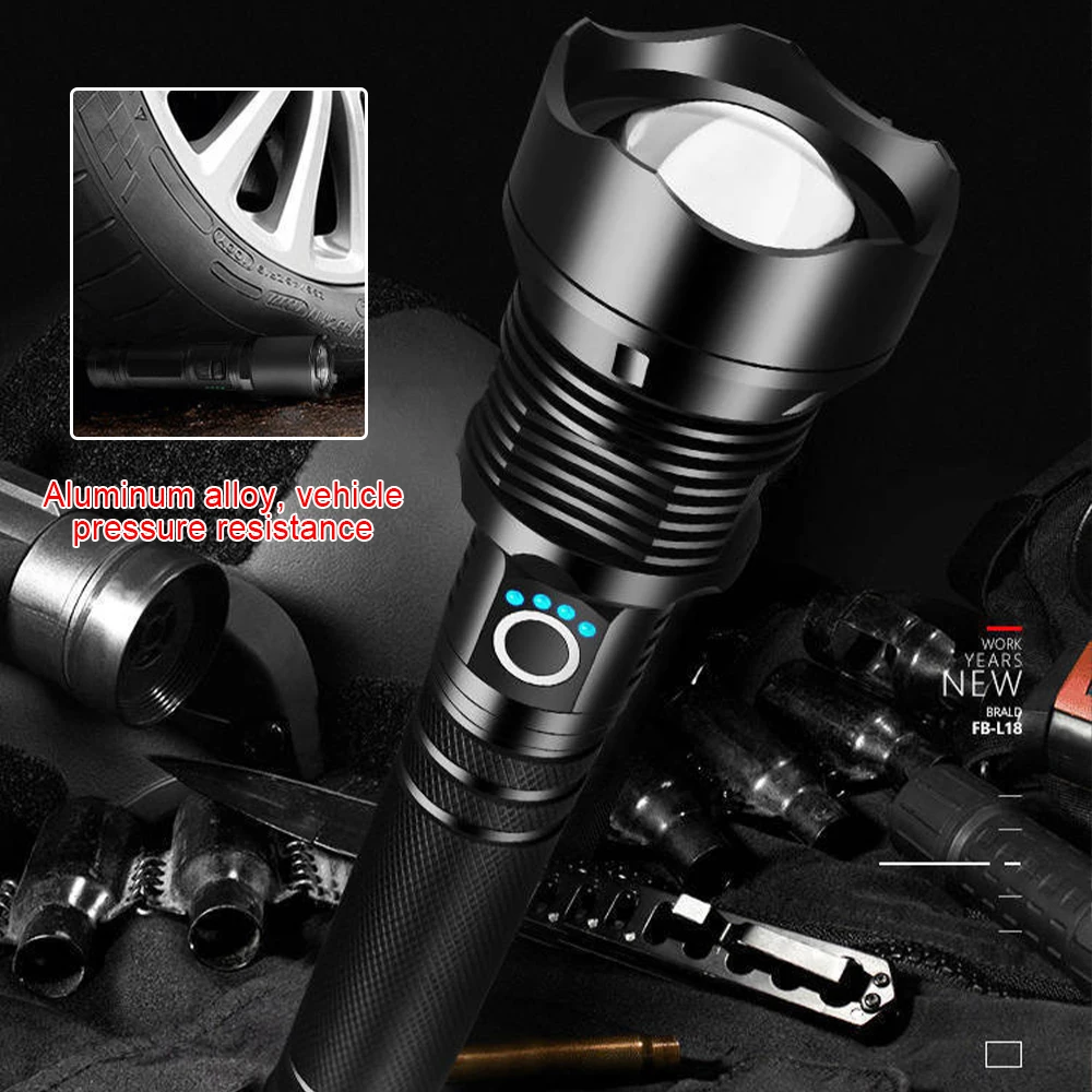 Tactical Powerful Flashlight P70 30W Camping Hand Lamp USB Rechargeable Lantern Zoom Long Shot Torch 2*26650 Battery Flash Light