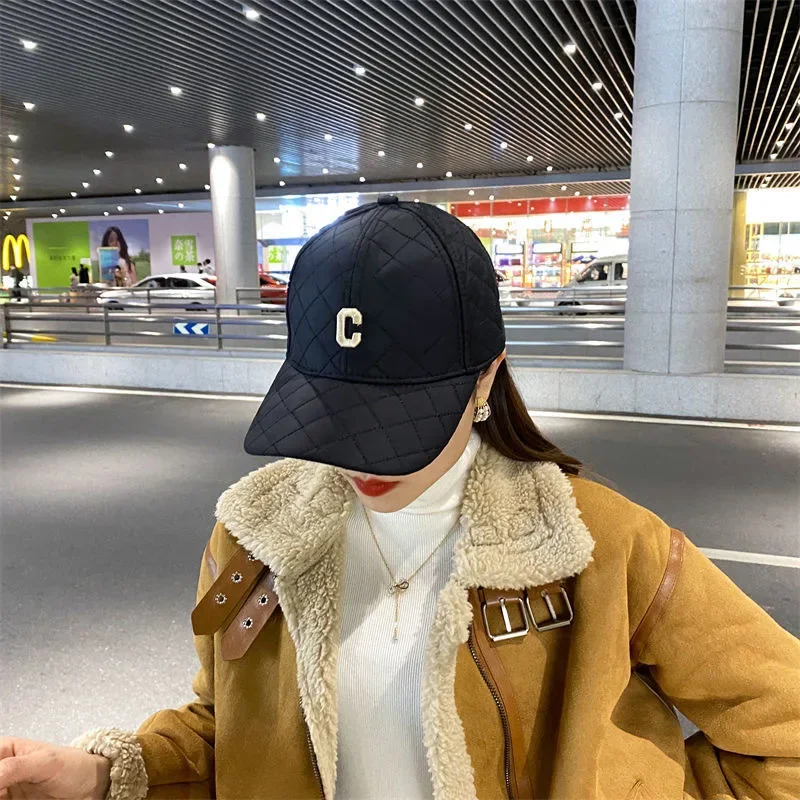 Winter Down Cotton Plaid Warm Baseball Cap Embroidery C-Letter Casual Simple Hats for Women  Hat Female Hip Hop Cap