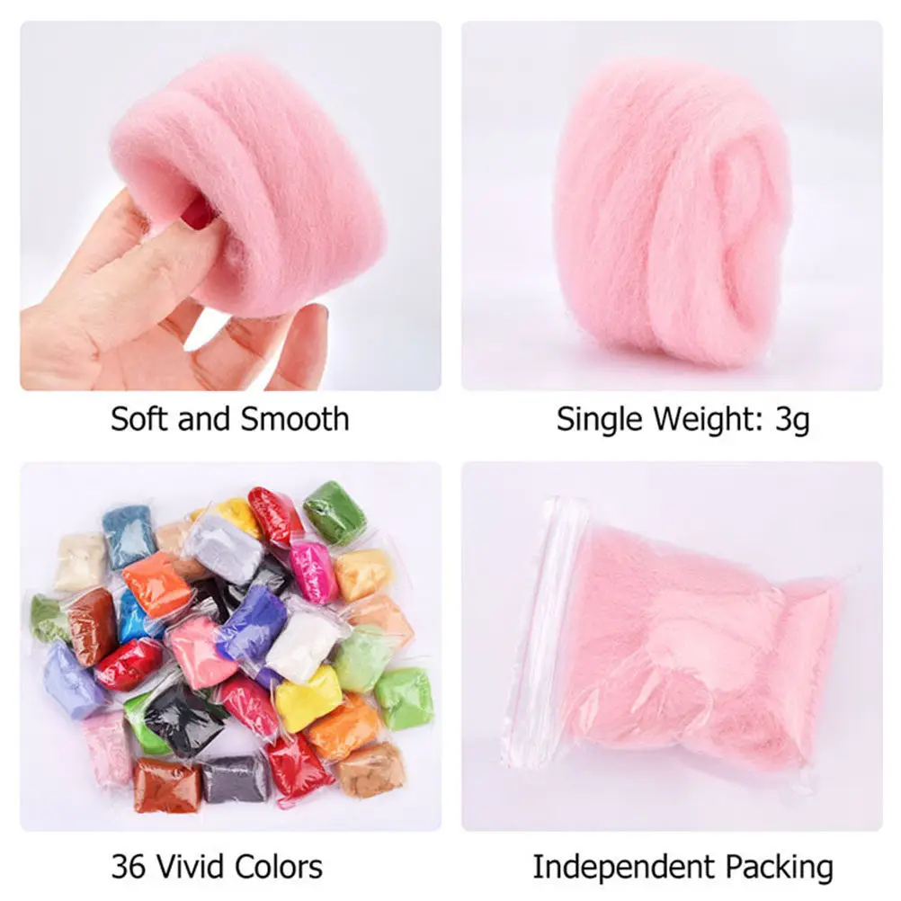 1Set Wool Felting Tool Kit 36 Color Wool Yarn for Needle Felting DIY Patchwork Craft Felt Fiber Punch Kit for Wall Hanging