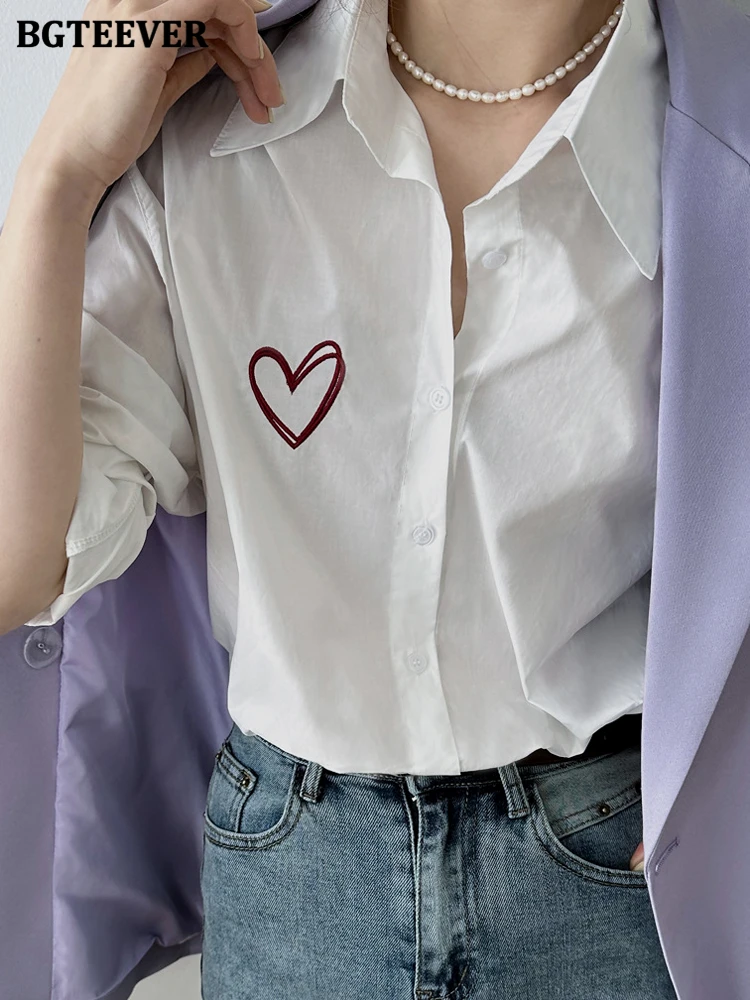 BGTEEVER Stylish Heart Embroidery Printed Shirts Blouses Women Spring Fashion Lapel Full Sleeve Single-breasted Female Blusas