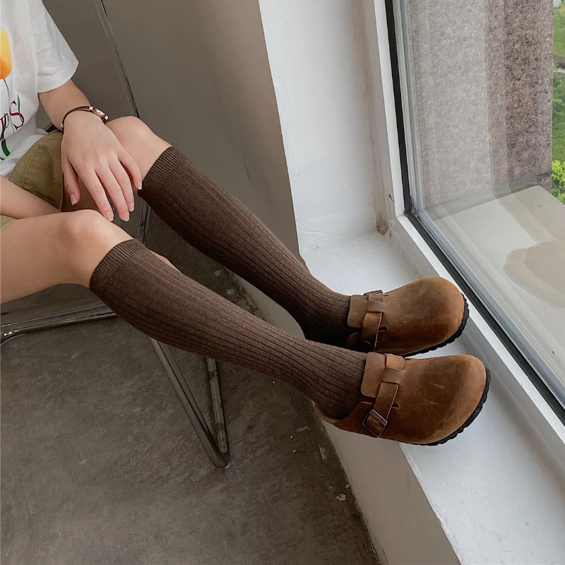 جوارب طويلة منسوجة من القطن للنساء ، جوارب ، عالية الفخذ ، دافئة ، أزياء السيدات ، الفتيات ، جوارب الركبة أحادية اللون ، الخريف ، الشتاء