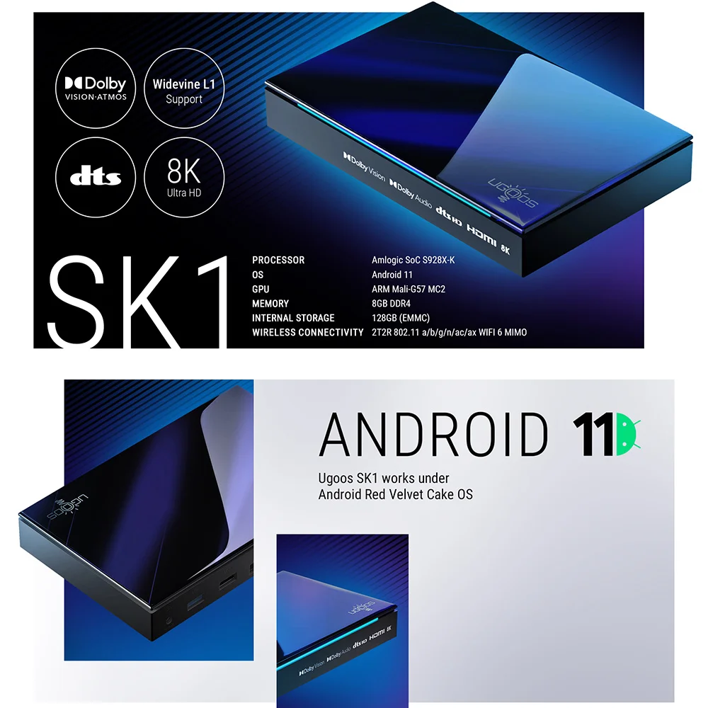 Amlogic S928X-K Android 11.0 8K Media Player Dolby Vision UGOOS SK1 TV BOX Audio ATMOS DTS HD Widevine L1 WiFi6 BT5.2 1000M