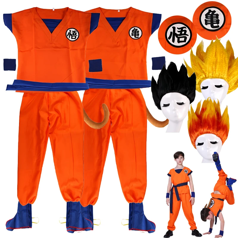 Halloween Goku adultos niños trajes Son Goku Gui carnaval Anime Cosplay vacaciones disfraz cola muñeca peluca azul oro niños vestir